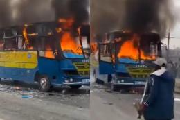 Photocollage of a City Shuttle bus on fire along Jogoo Road.
